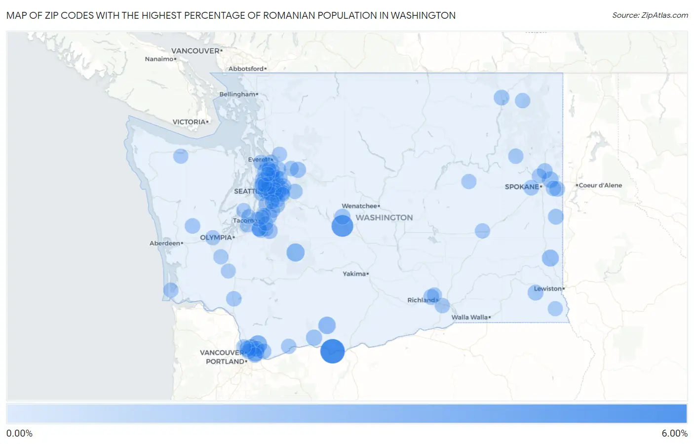 Zip Codes with the Highest Percentage of Romanian Population in Washington Map