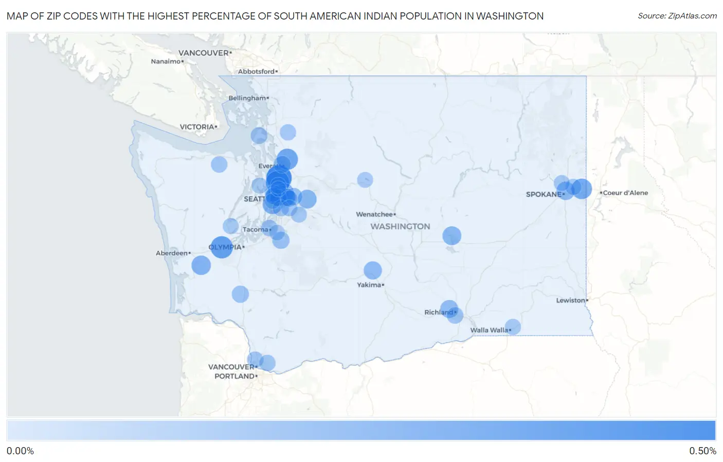Zip Codes with the Highest Percentage of South American Indian Population in Washington Map