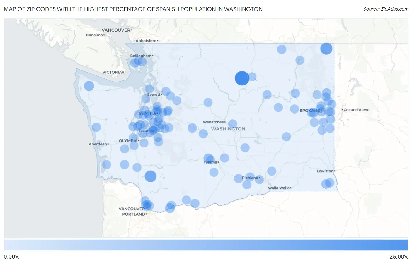 Zip Codes with the Highest Percentage of Spanish Population in Washington Map