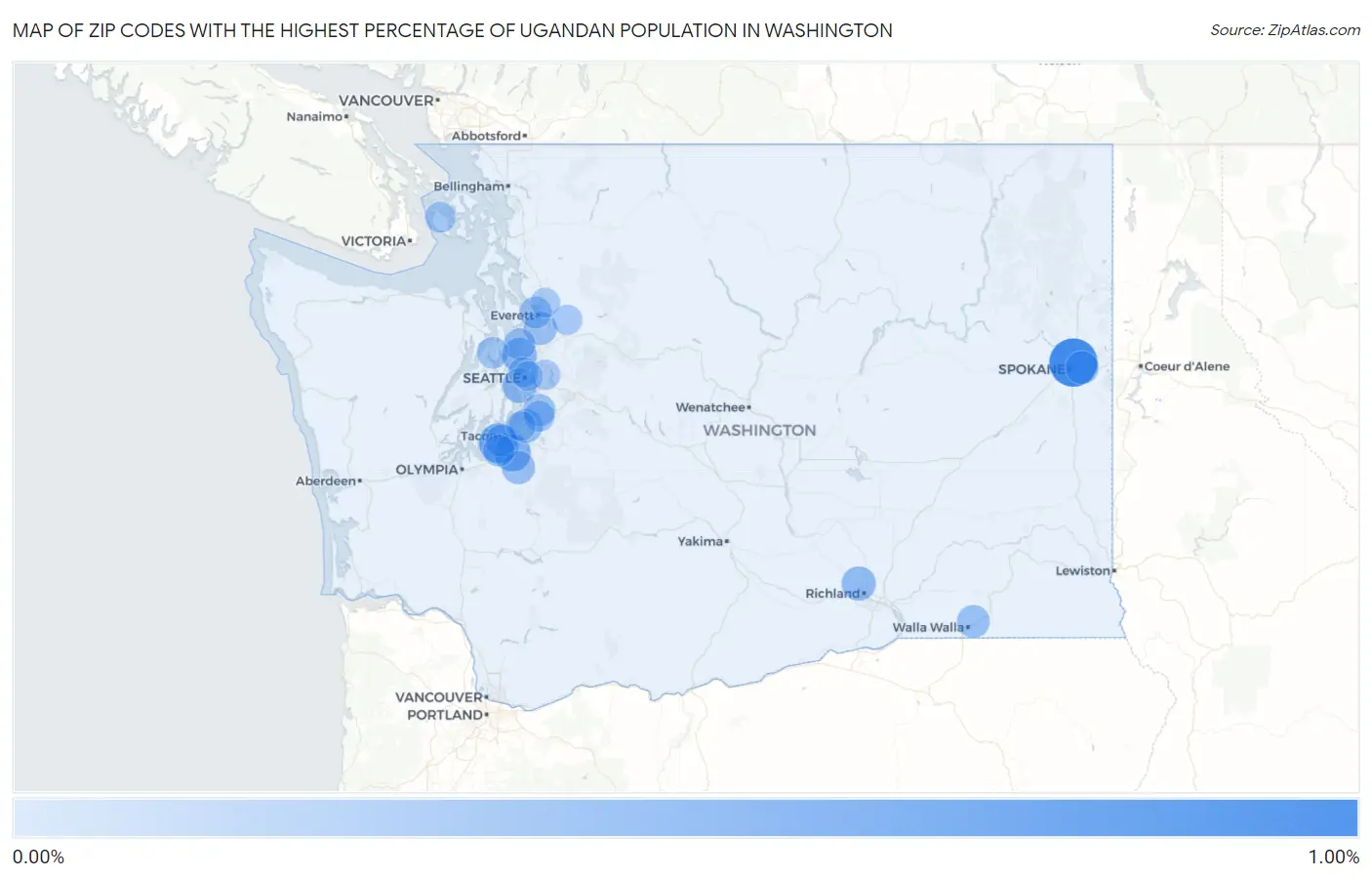 Zip Codes with the Highest Percentage of Ugandan Population in Washington Map