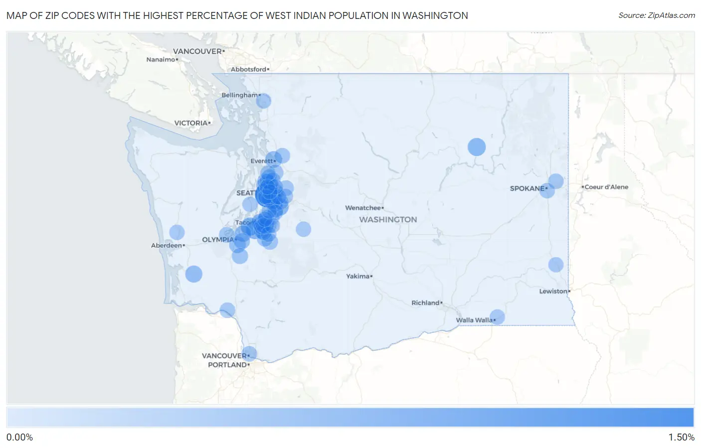 Zip Codes with the Highest Percentage of West Indian Population in Washington Map