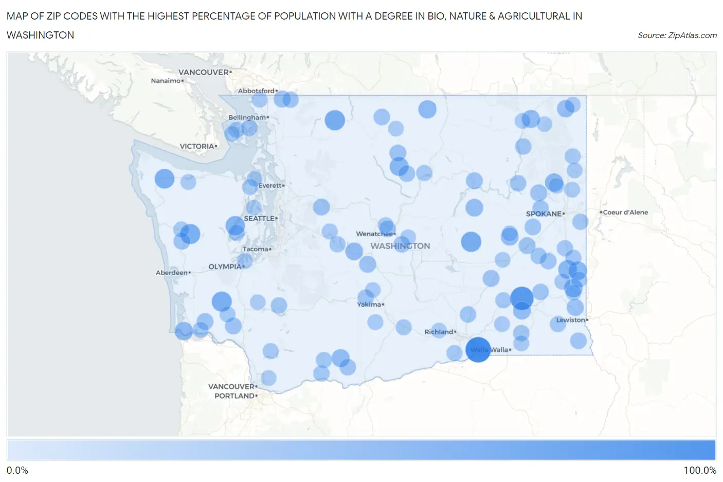 Zip Codes with the Highest Percentage of Population with a Degree in Bio, Nature & Agricultural in Washington Map