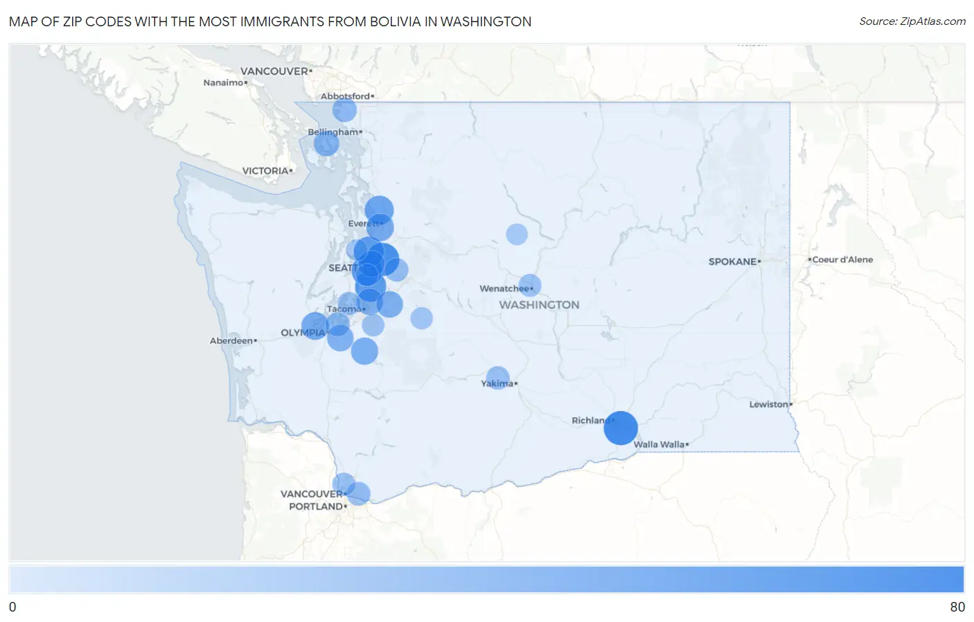 Zip Codes with the Most Immigrants from Bolivia in Washington Map