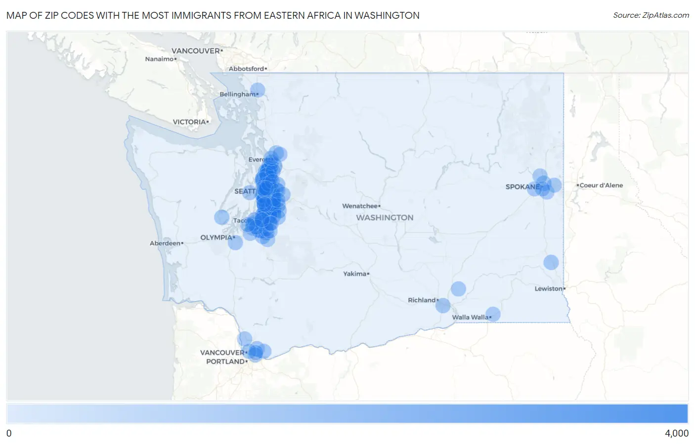 Zip Codes with the Most Immigrants from Eastern Africa in Washington Map