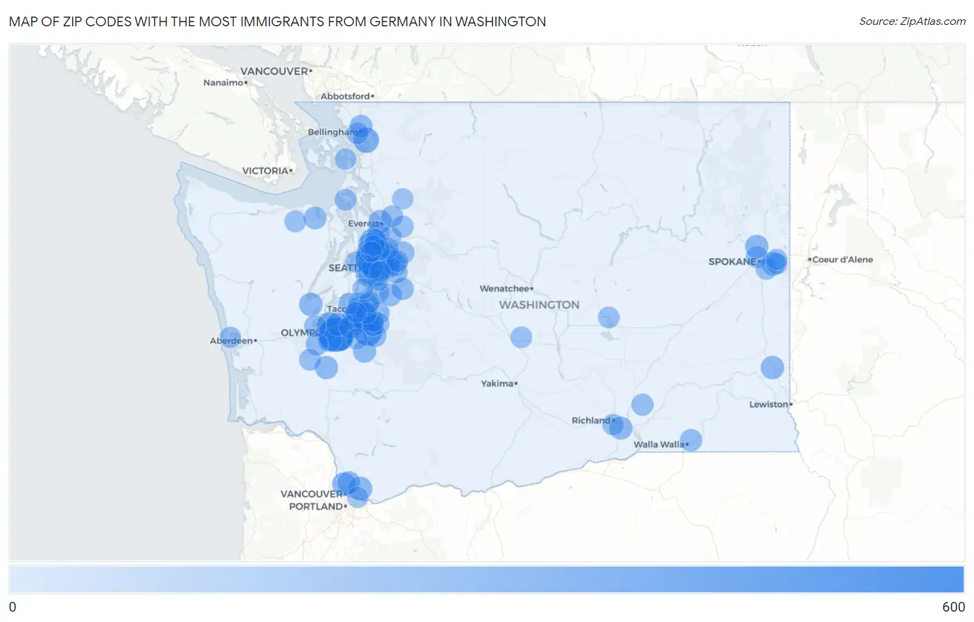 Zip Codes with the Most Immigrants from Germany in Washington Map