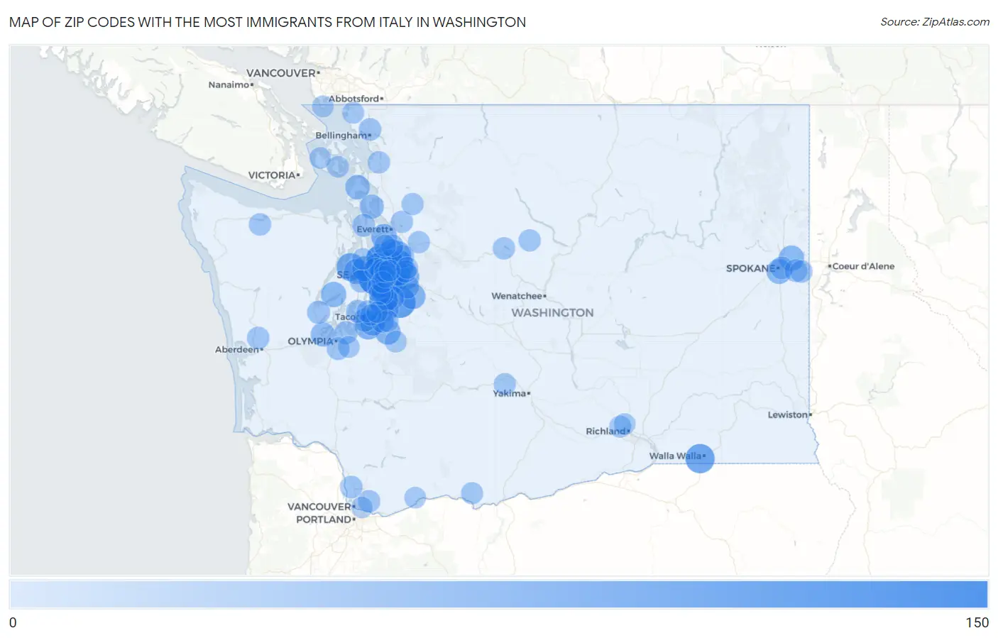 Zip Codes with the Most Immigrants from Italy in Washington Map