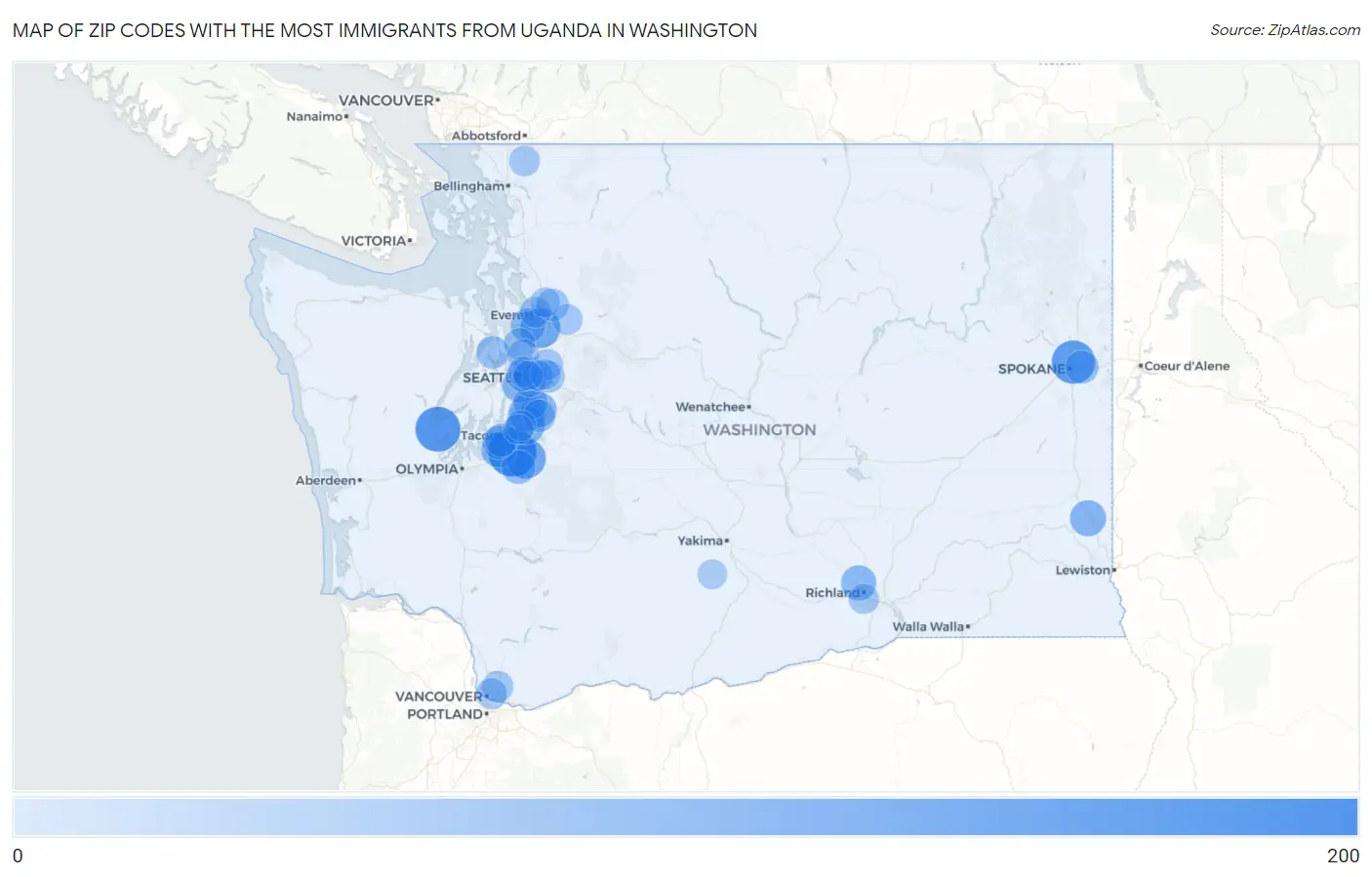 Zip Codes with the Most Immigrants from Uganda in Washington Map