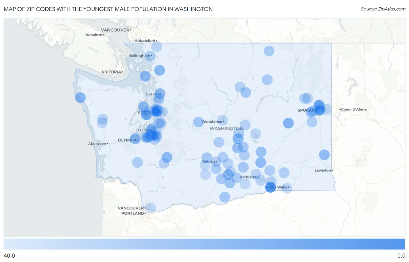 Zip Codes with the Youngest Male Population in Washington Map