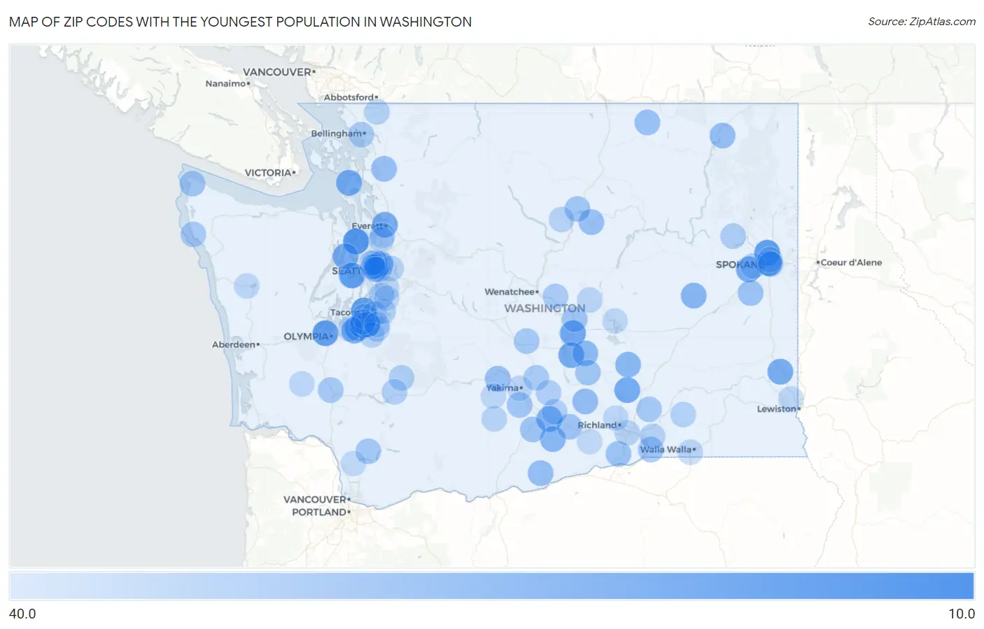 Zip Codes with the Youngest Population in Washington Map