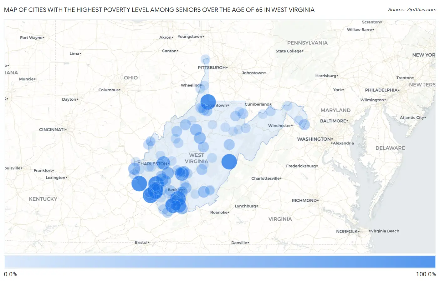 Cities with the Highest Poverty Level Among Seniors Over the Age of 65 in West Virginia Map