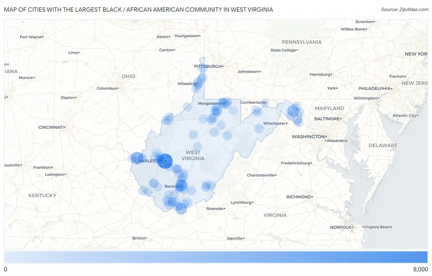 Cities with the Largest Black / African American Community in West Virginia Map