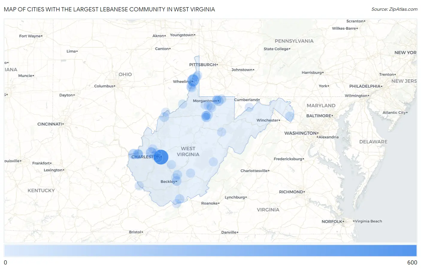 Cities with the Largest Lebanese Community in West Virginia Map