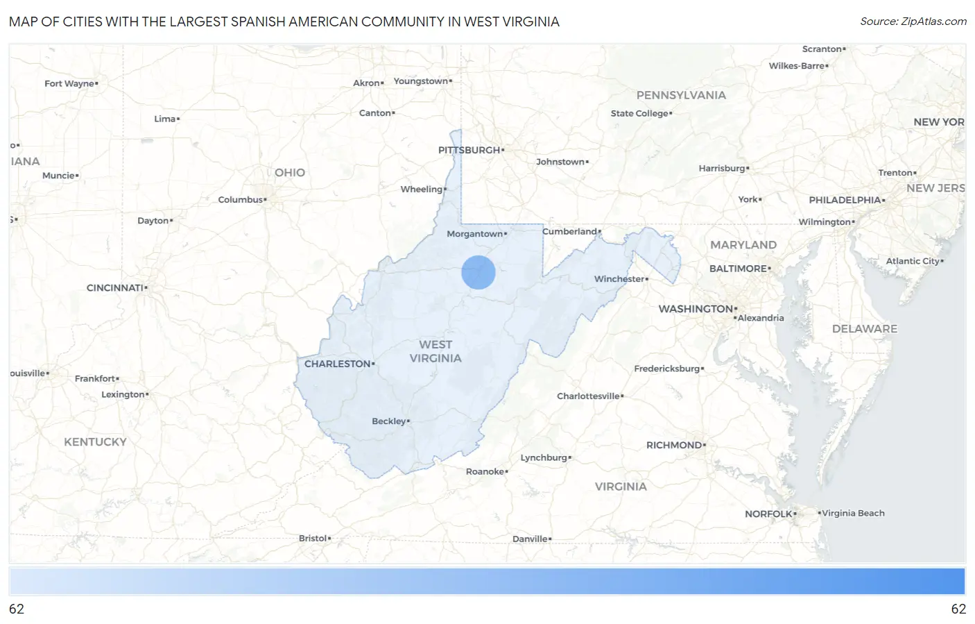 Cities with the Largest Spanish American Community in West Virginia Map