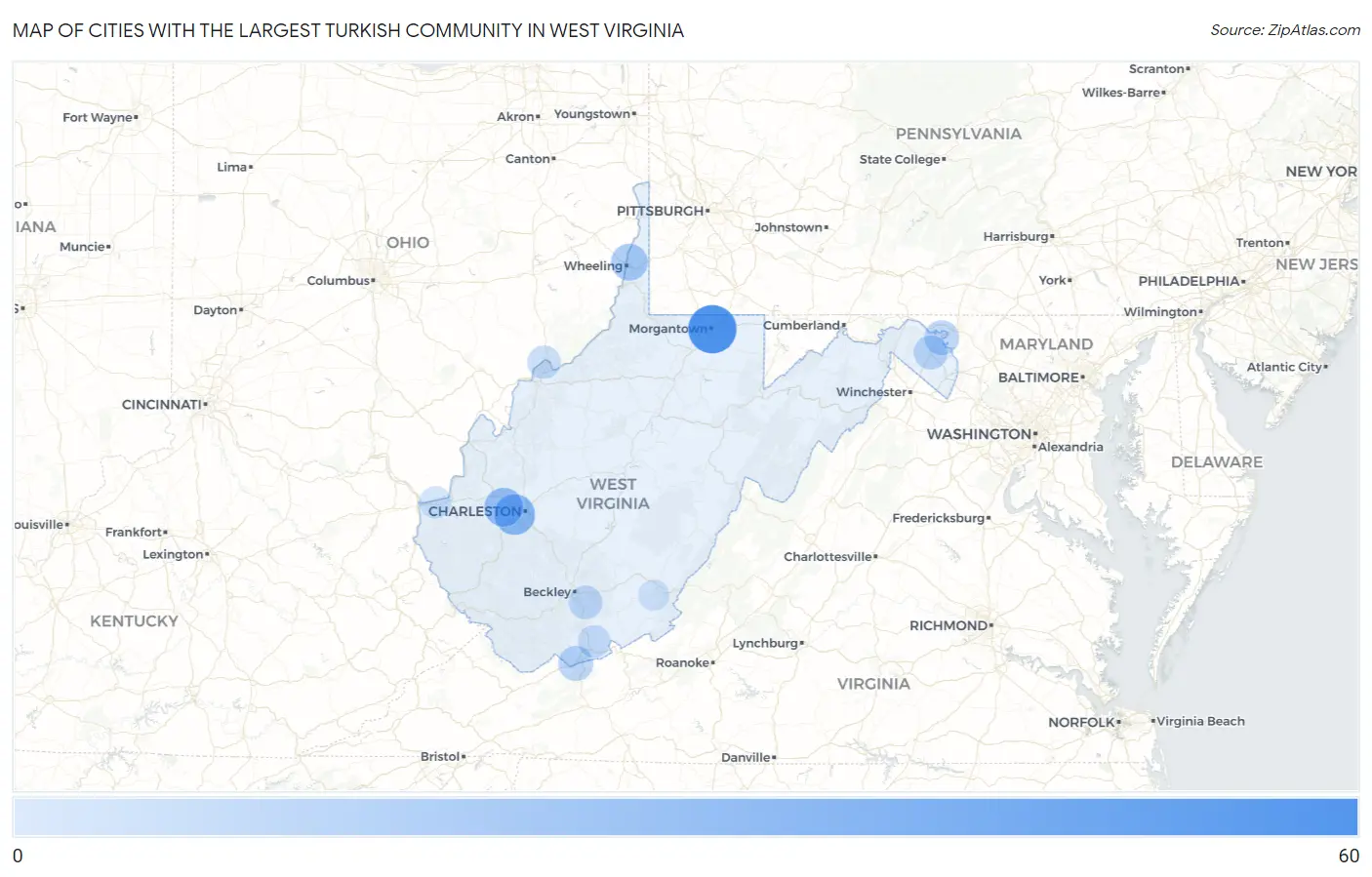 Cities with the Largest Turkish Community in West Virginia Map