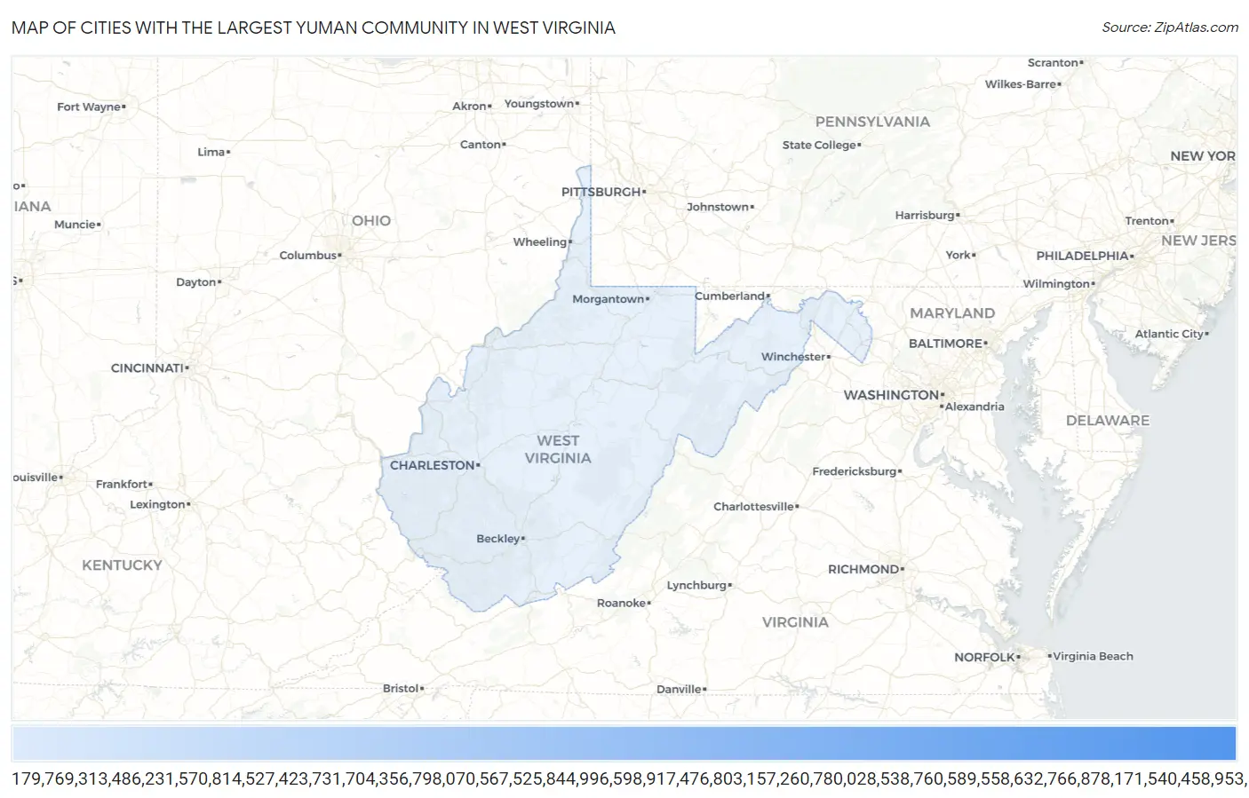 Cities with the Largest Yuman Community in West Virginia Map