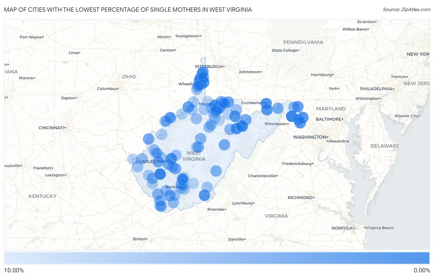 Cities with the Lowest Percentage of Single Mothers in West Virginia Map