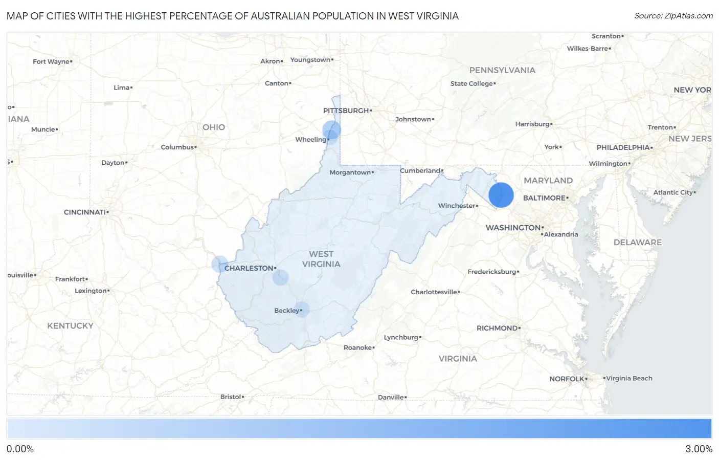 Cities with the Highest Percentage of Australian Population in West Virginia Map