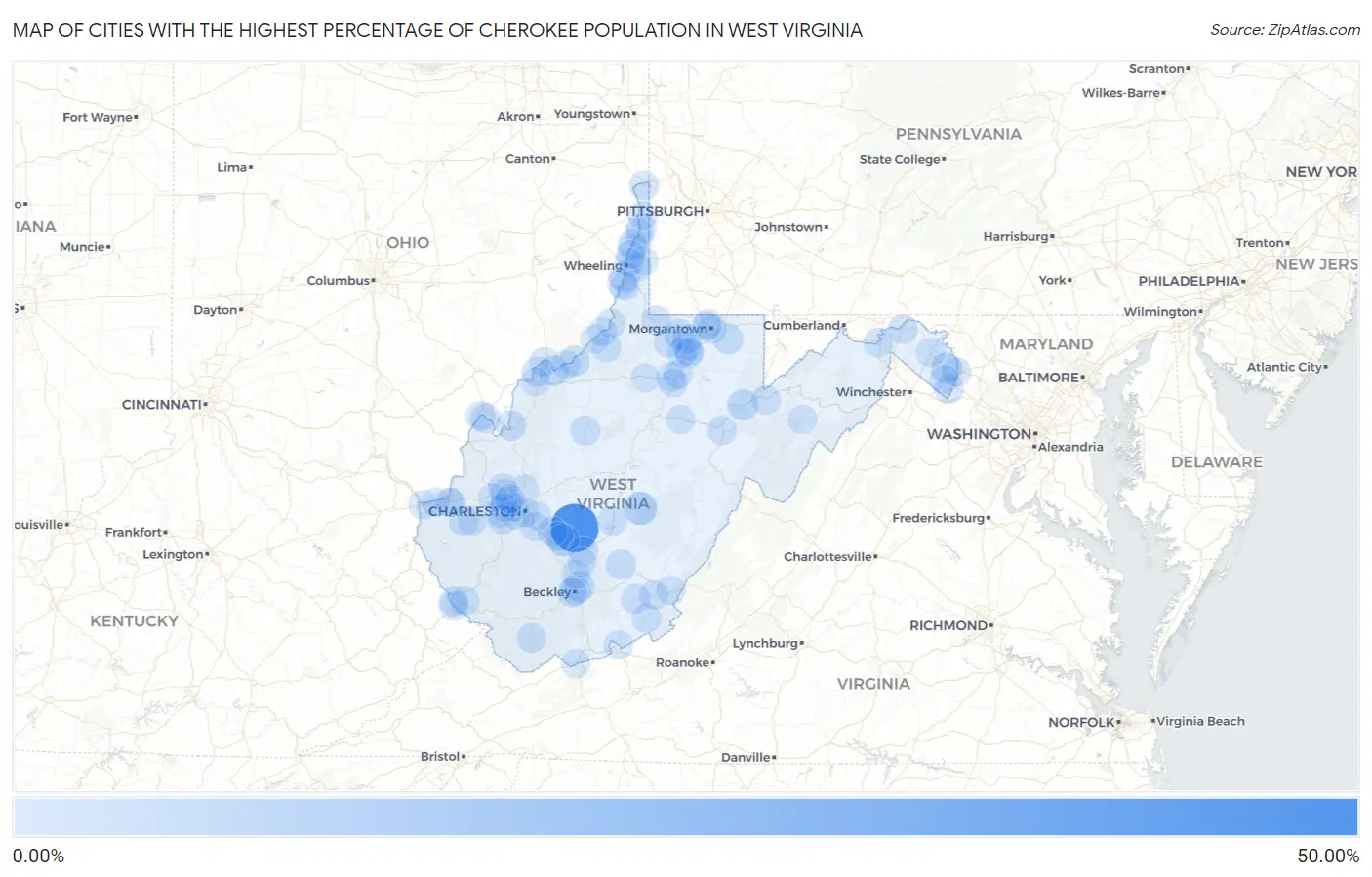 Cities with the Highest Percentage of Cherokee Population in West Virginia Map