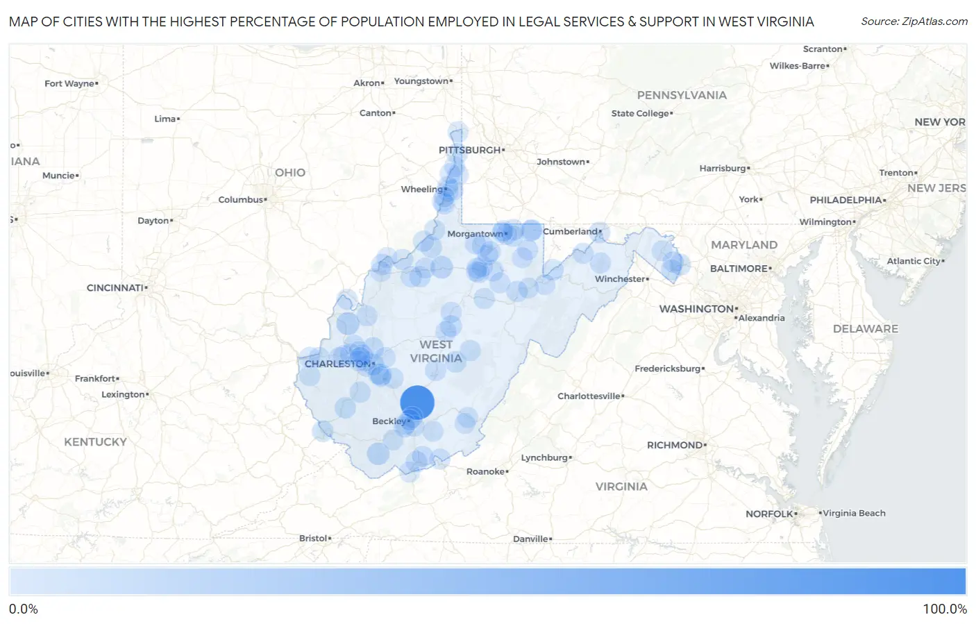 Cities with the Highest Percentage of Population Employed in Legal Services & Support in West Virginia Map