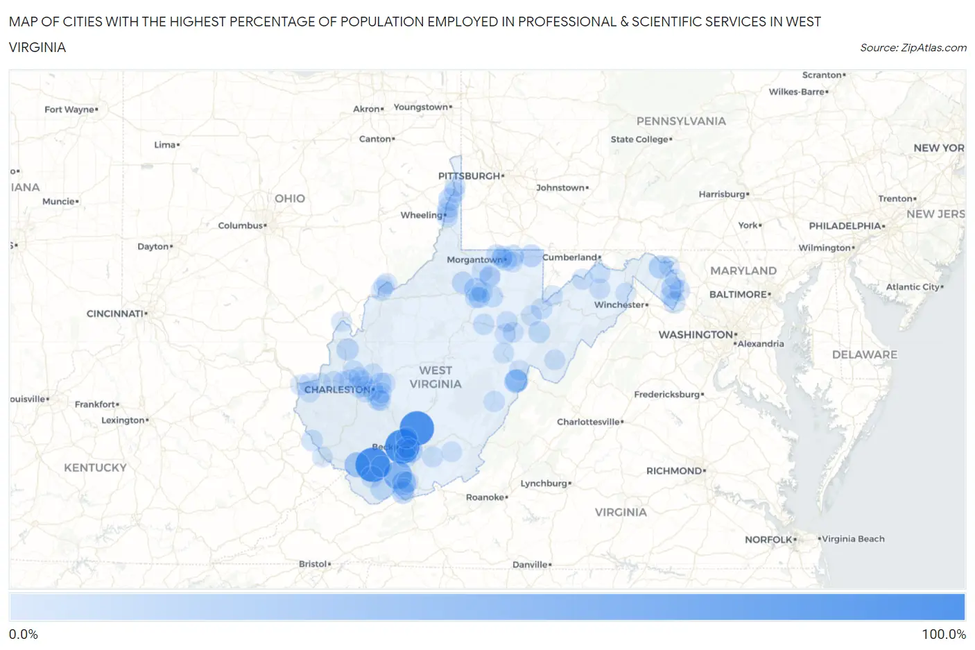 Cities with the Highest Percentage of Population Employed in Professional & Scientific Services in West Virginia Map