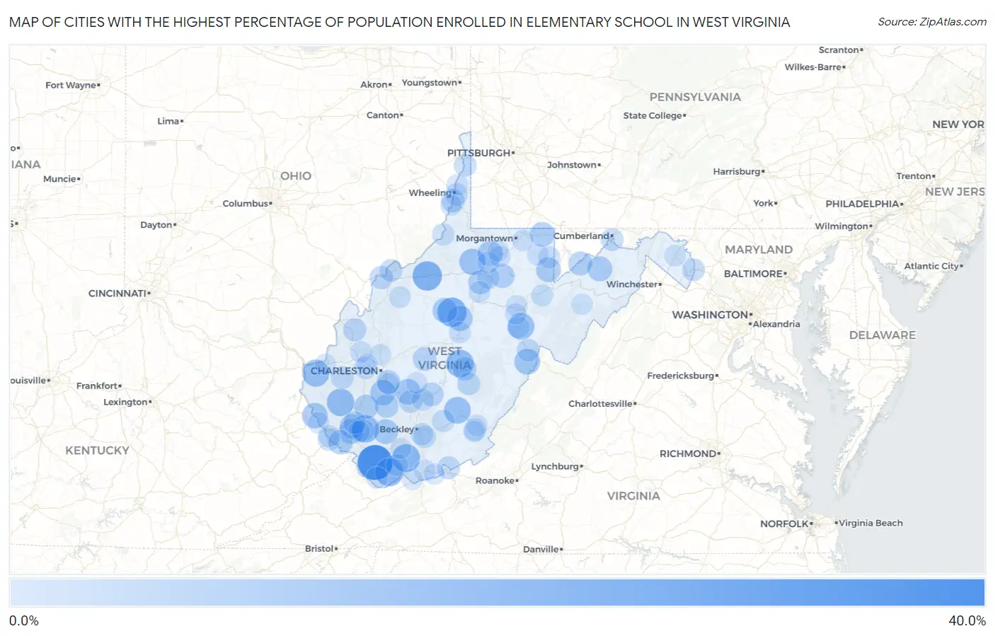 Cities with the Highest Percentage of Population Enrolled in Elementary School in West Virginia Map