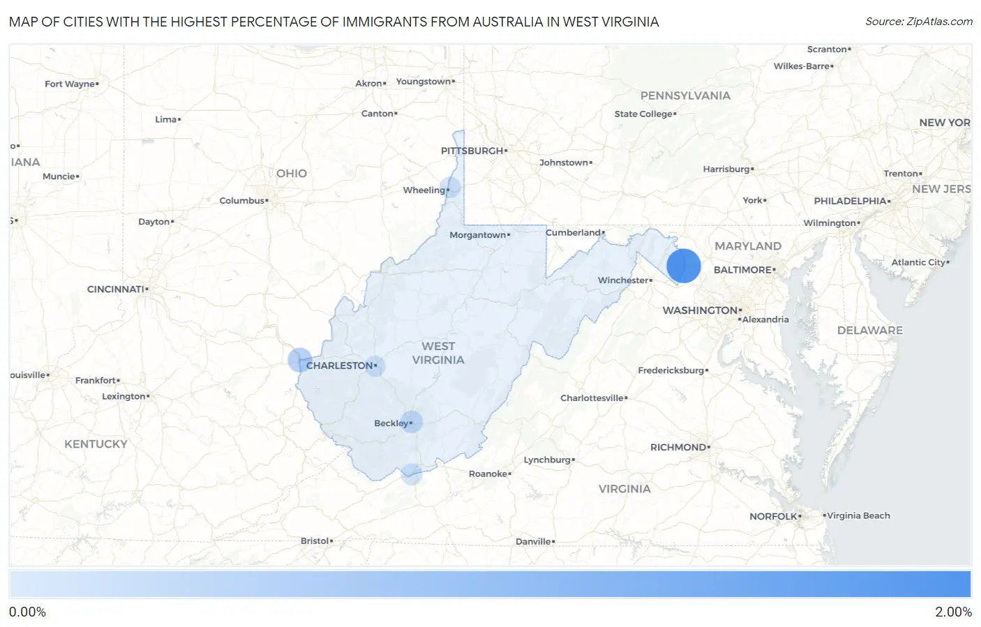 Cities with the Highest Percentage of Immigrants from Australia in West Virginia Map