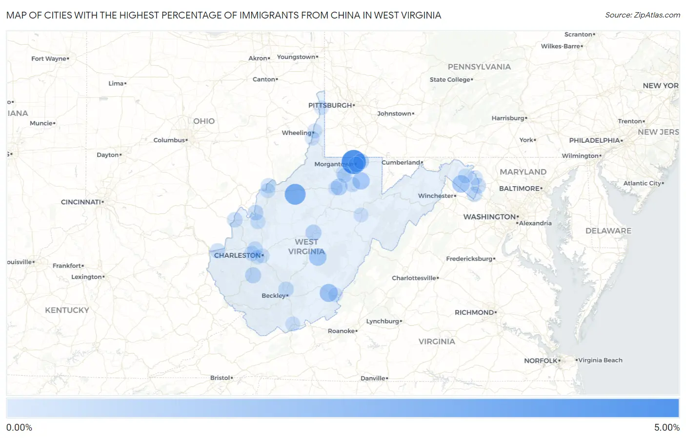 Cities with the Highest Percentage of Immigrants from China in West Virginia Map