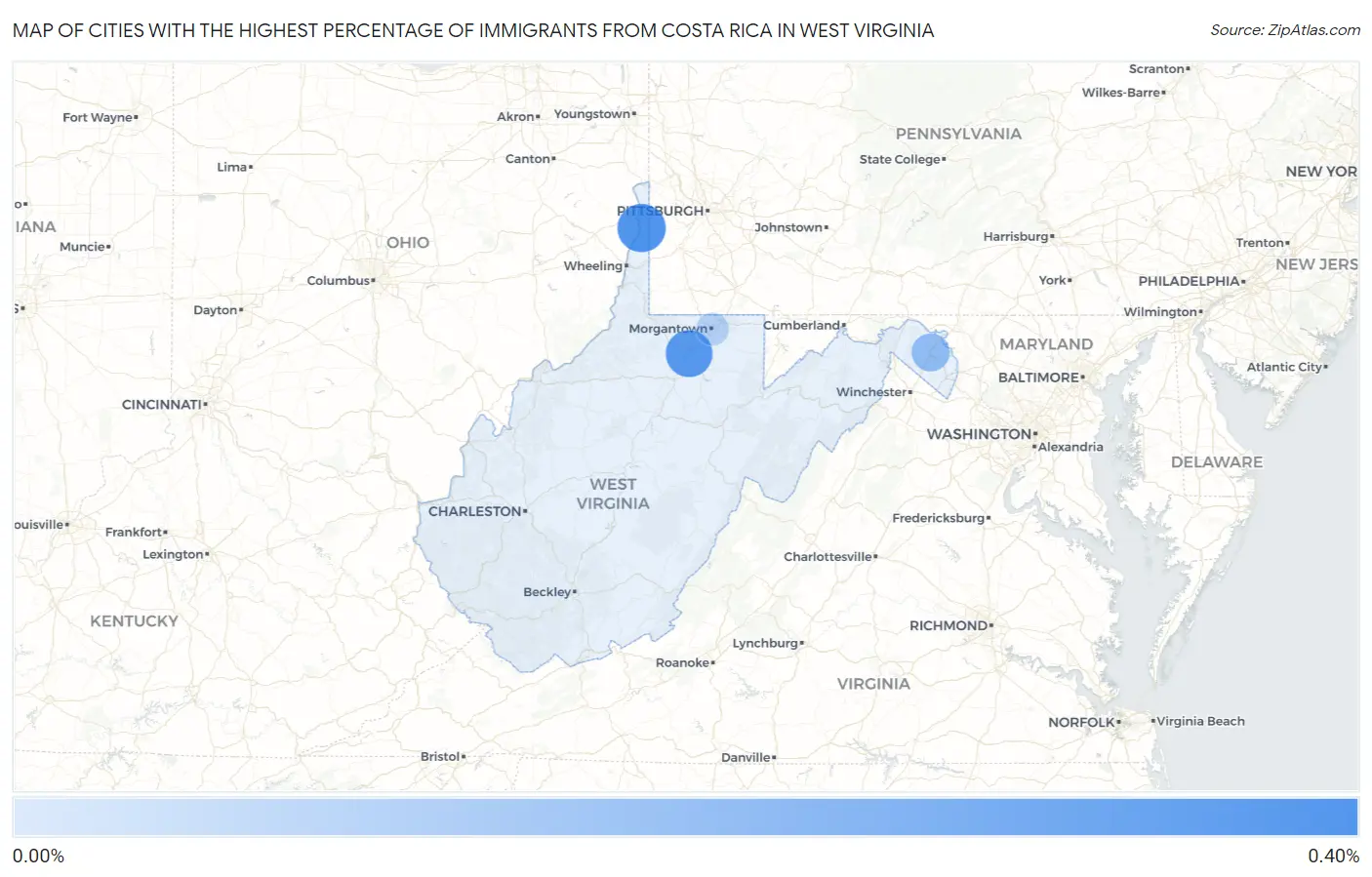 Cities with the Highest Percentage of Immigrants from Costa Rica in West Virginia Map