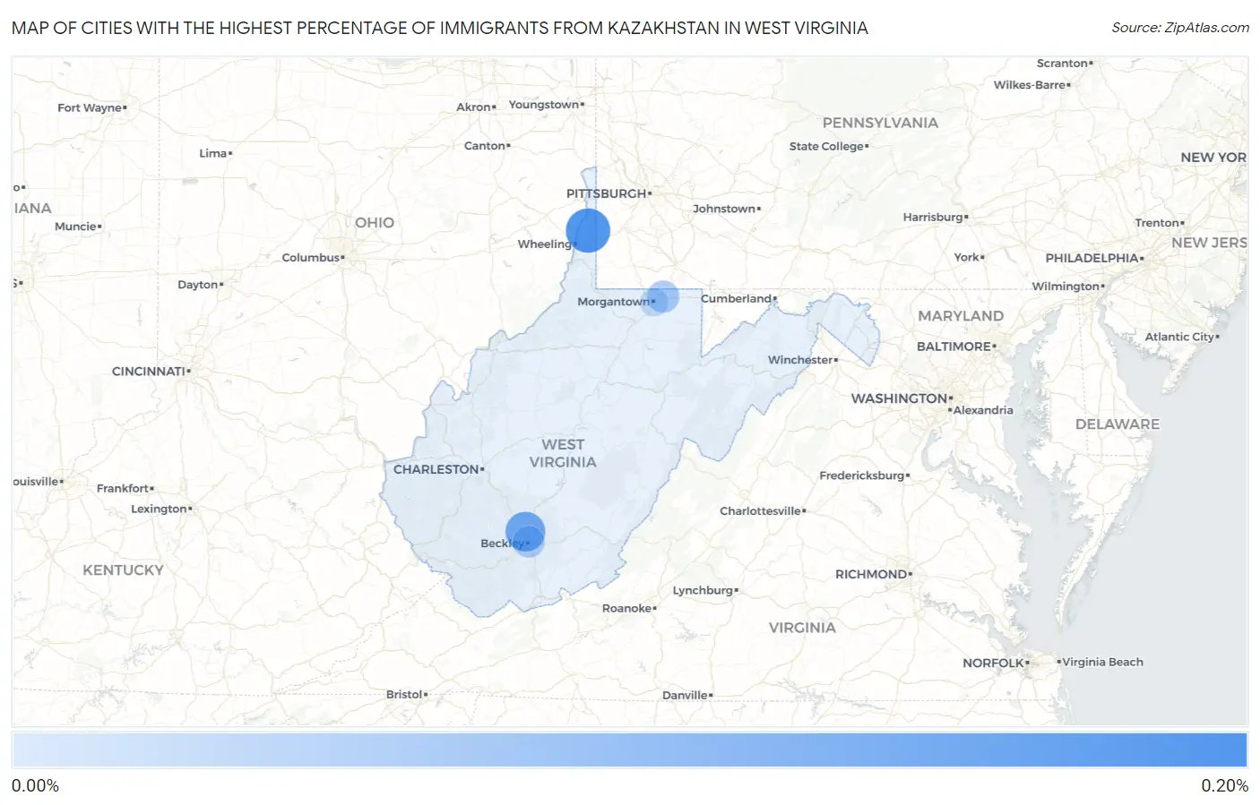 Cities with the Highest Percentage of Immigrants from Kazakhstan in West Virginia Map