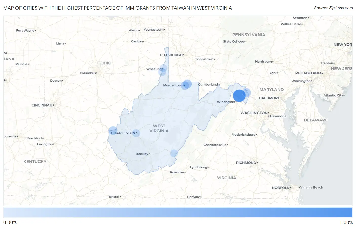 Cities with the Highest Percentage of Immigrants from Taiwan in West Virginia Map