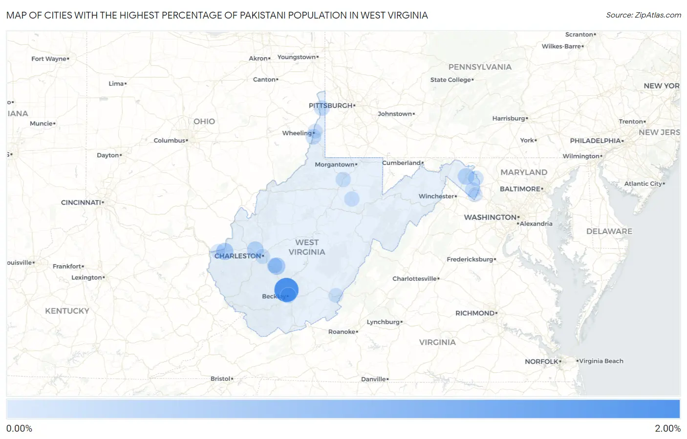 Cities with the Highest Percentage of Pakistani Population in West Virginia Map