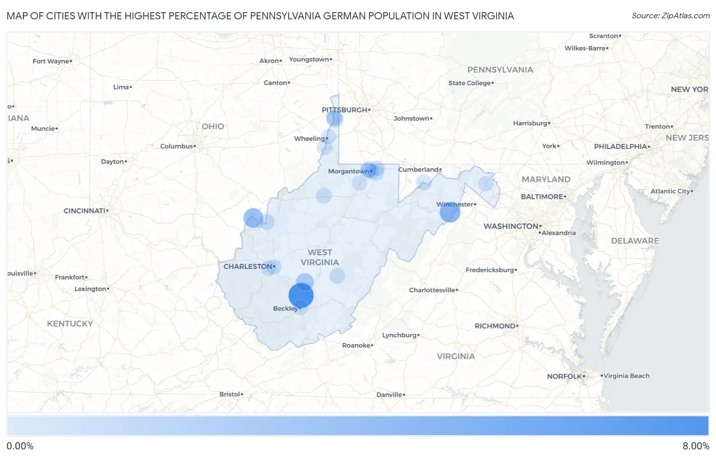 Cities with the Highest Percentage of Pennsylvania German Population in West Virginia Map