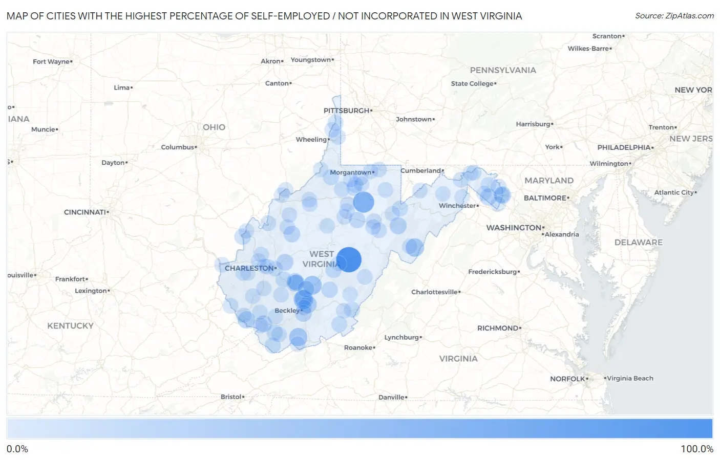 Cities with the Highest Percentage of Self-Employed / Not Incorporated in West Virginia Map