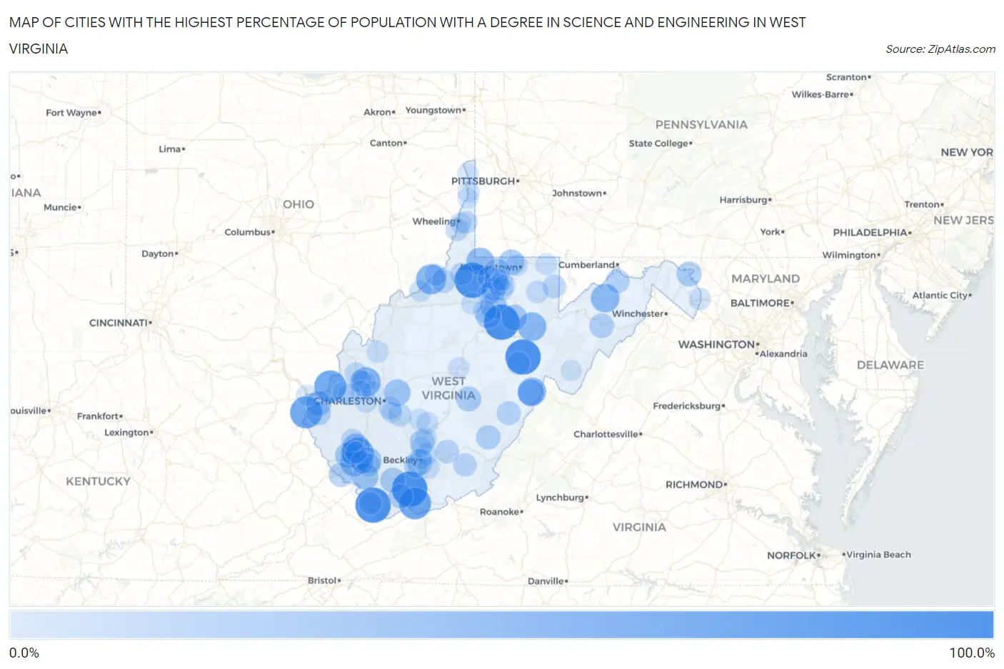 Cities with the Highest Percentage of Population with a Degree in Science and Engineering in West Virginia Map