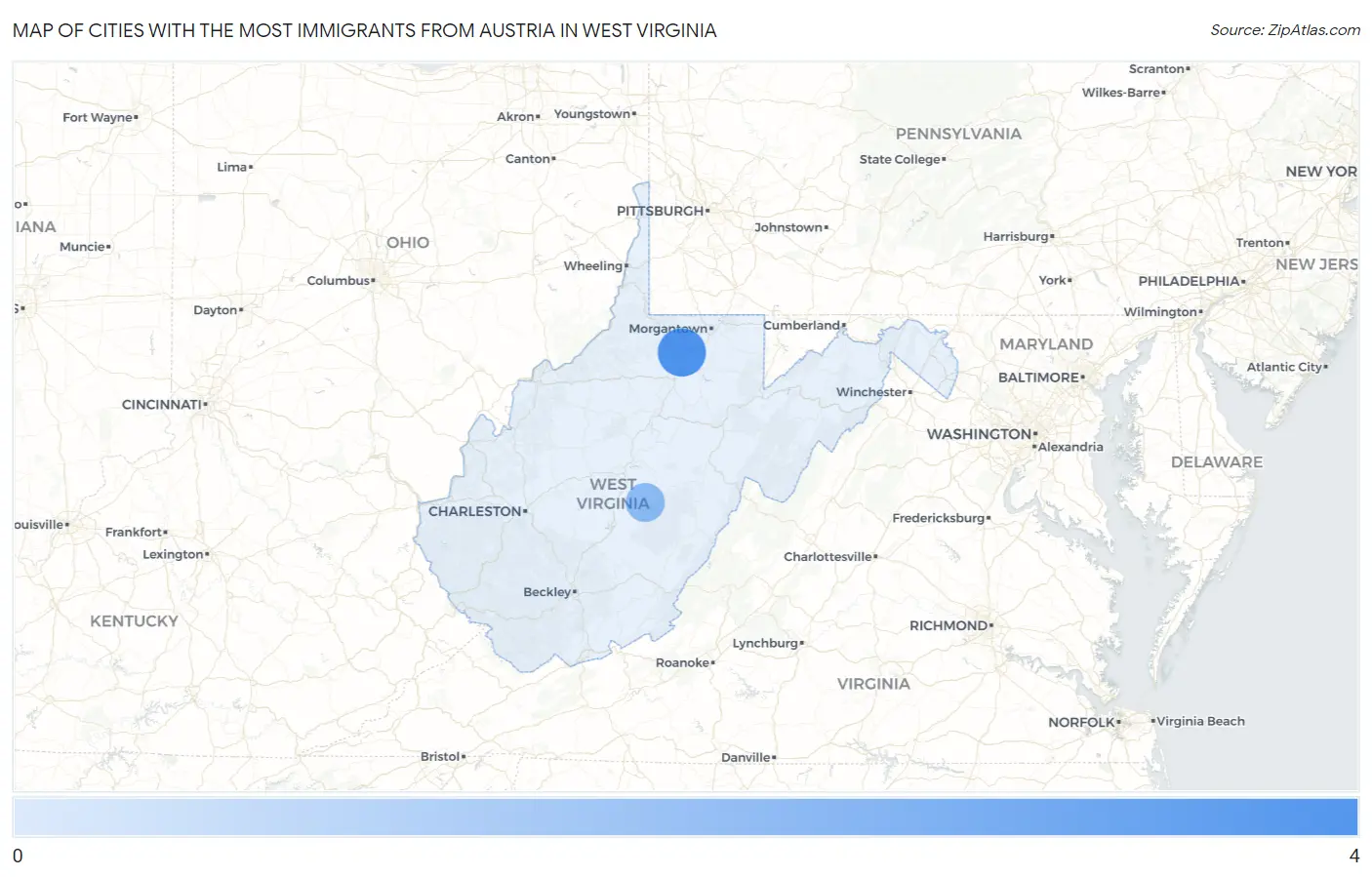 Cities with the Most Immigrants from Austria in West Virginia Map