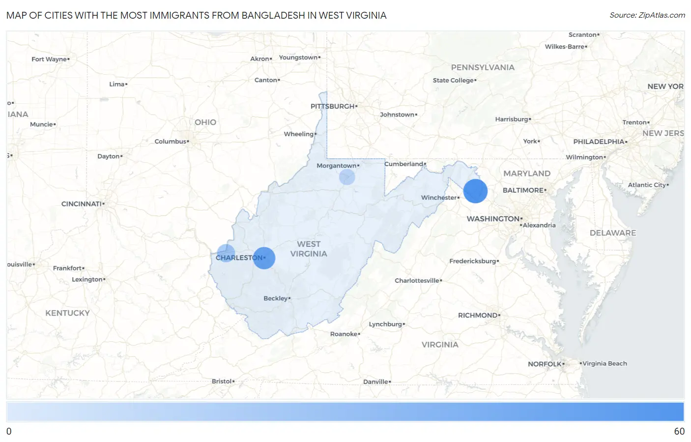 Cities with the Most Immigrants from Bangladesh in West Virginia Map