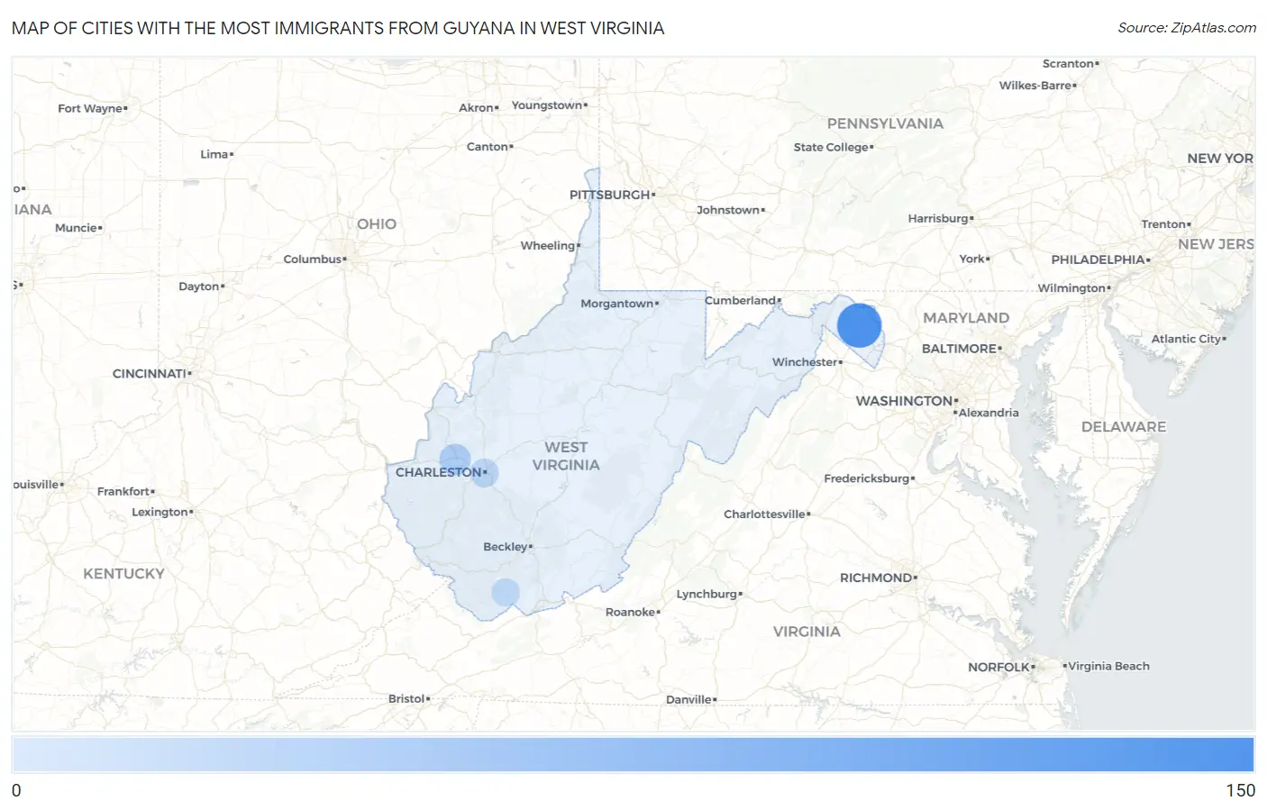 Cities with the Most Immigrants from Guyana in West Virginia Map