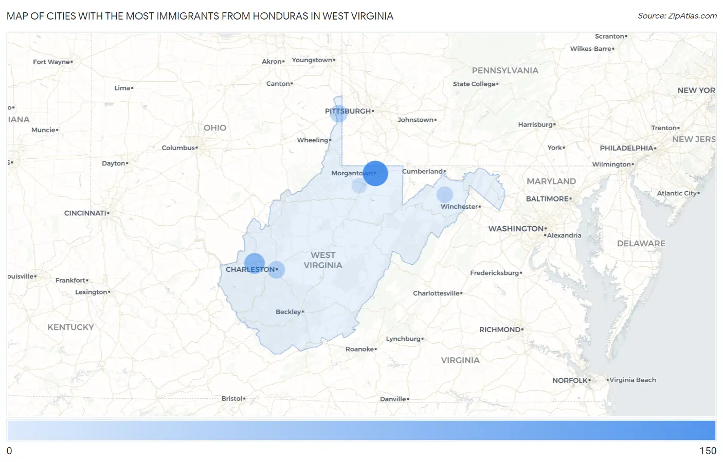 Cities with the Most Immigrants from Honduras in West Virginia Map