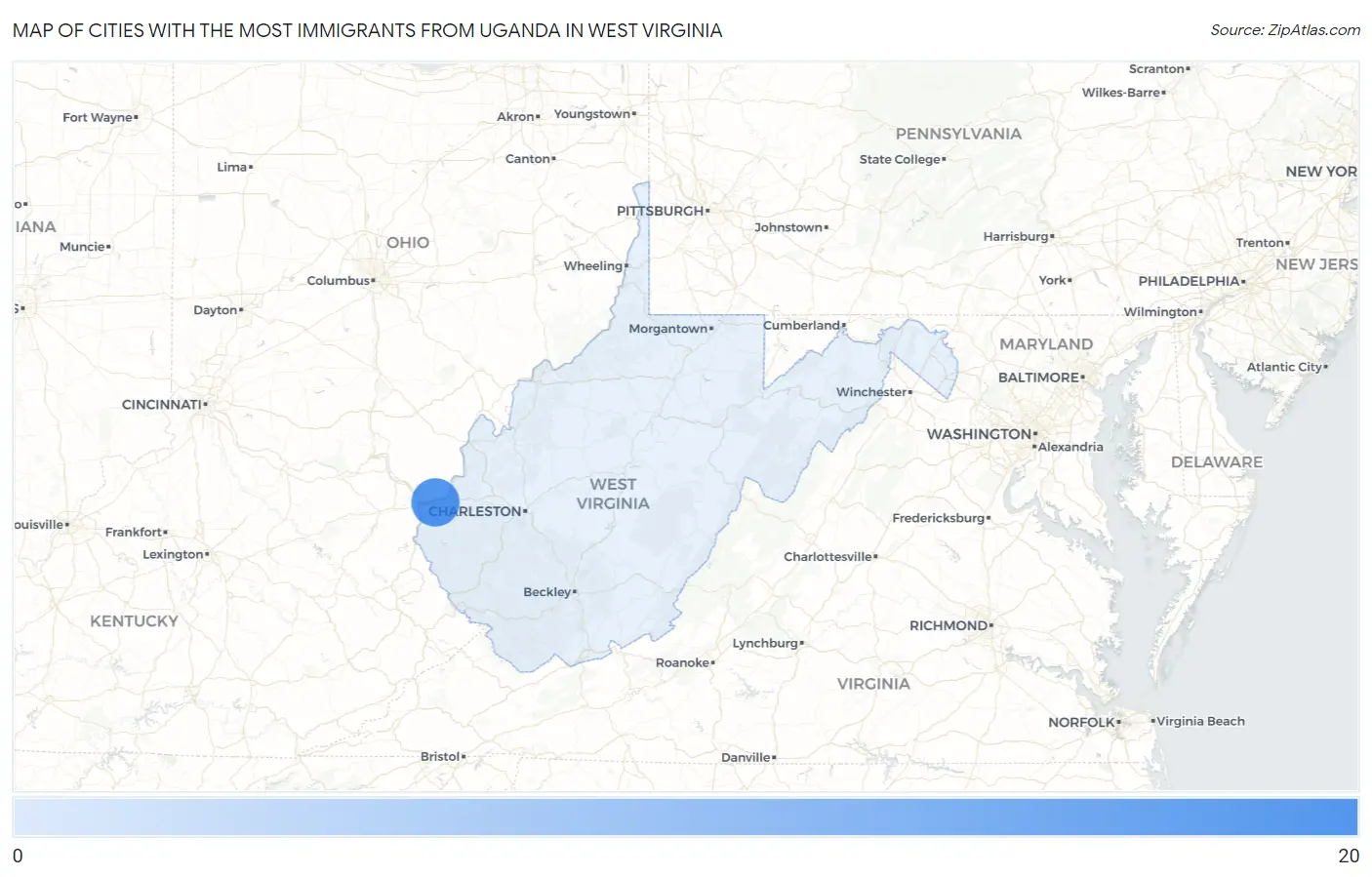 Cities with the Most Immigrants from Uganda in West Virginia Map