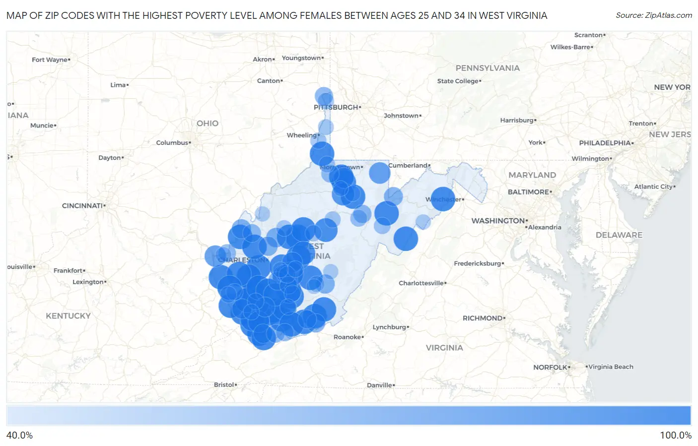 Zip Codes with the Highest Poverty Level Among Females Between Ages 25 and 34 in West Virginia Map