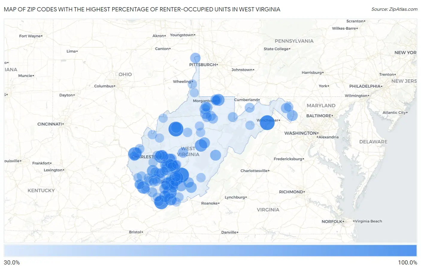 Zip Codes with the Highest Percentage of Renter-Occupied Units in West Virginia Map