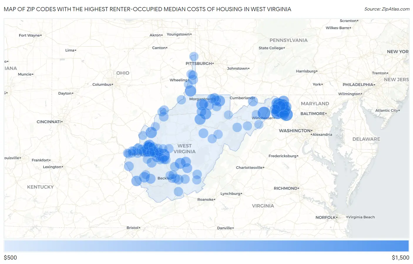 Zip Codes with the Highest Renter-Occupied Median Costs of Housing in West Virginia Map