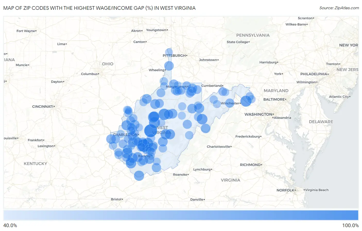 Zip Codes with the Highest Wage/Income Gap (%) in West Virginia Map