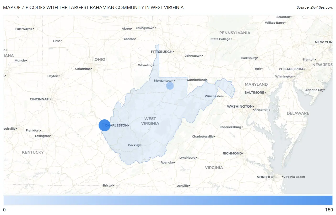 Zip Codes with the Largest Bahamian Community in West Virginia Map