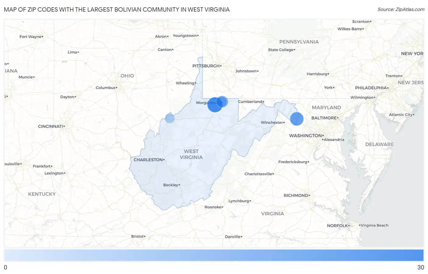 Zip Codes with the Largest Bolivian Community in West Virginia Map