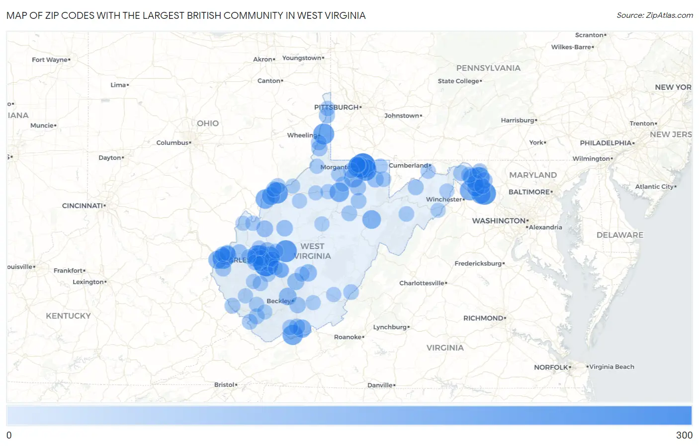 Zip Codes with the Largest British Community in West Virginia Map