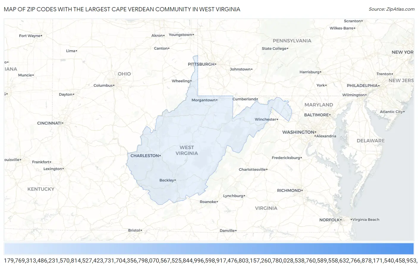 Zip Codes with the Largest Cape Verdean Community in West Virginia Map