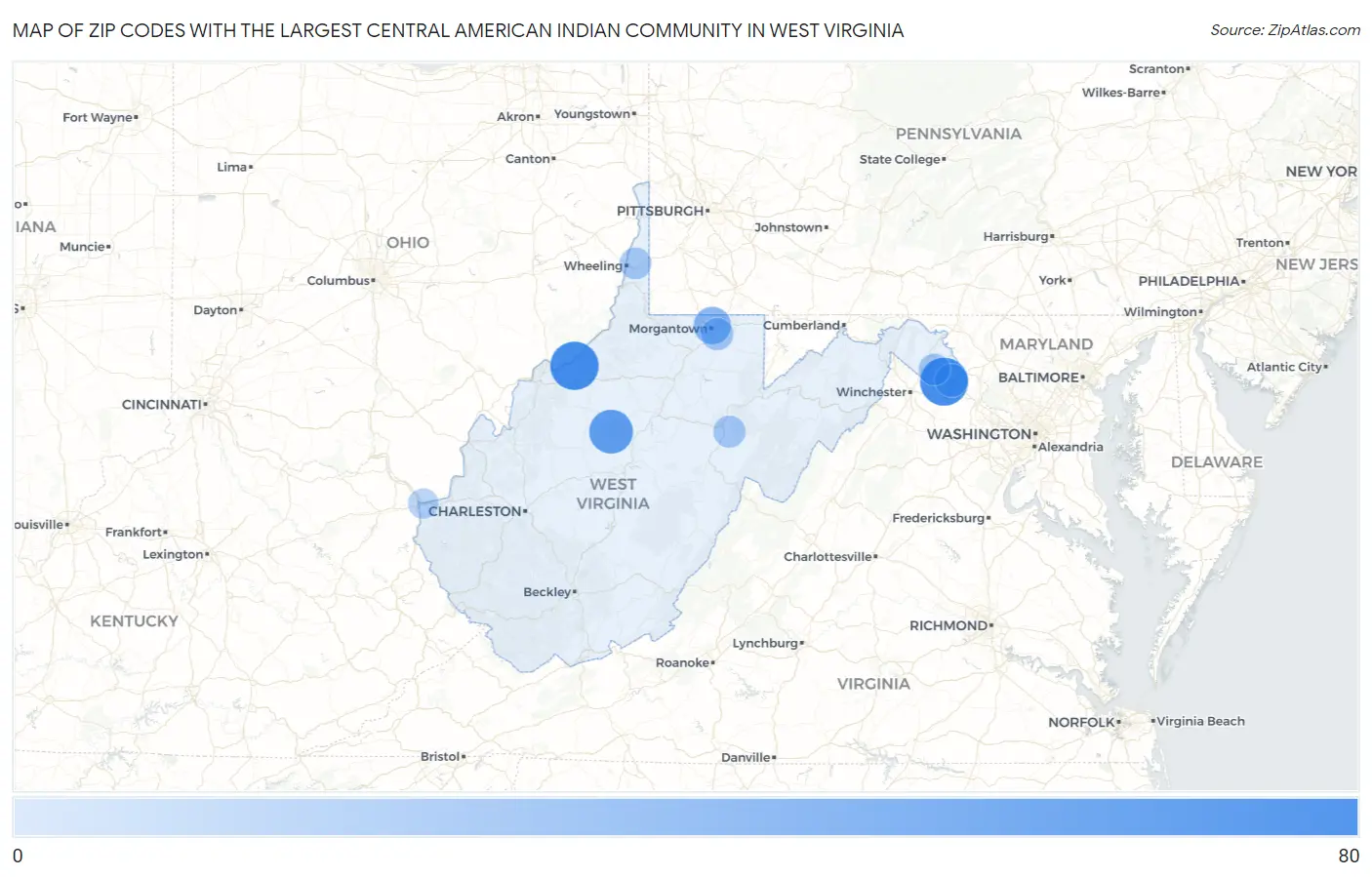 Zip Codes with the Largest Central American Indian Community in West Virginia Map