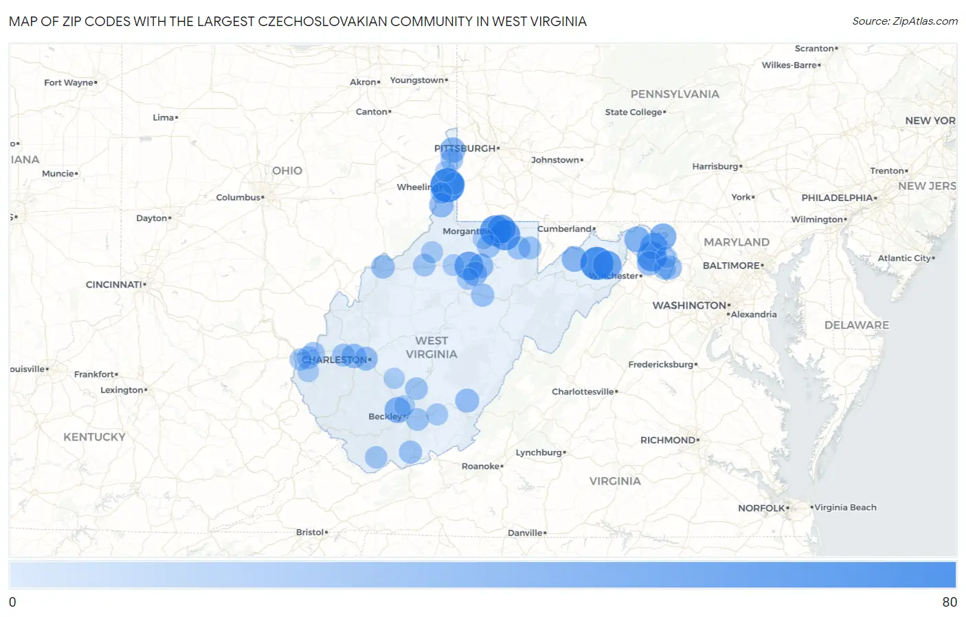 Zip Codes with the Largest Czechoslovakian Community in West Virginia Map