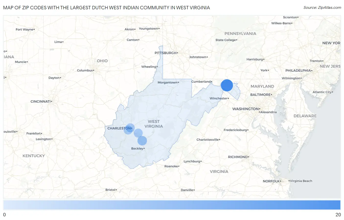 Zip Codes with the Largest Dutch West Indian Community in West Virginia Map